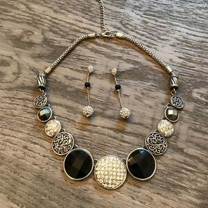 Vintage Black & Clear Rhinestone Statement Necklace & Earrings Set
